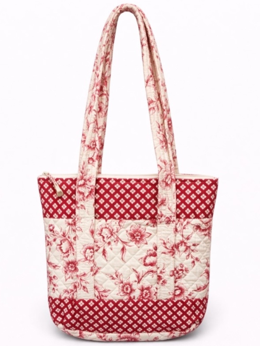 Red floral quilted tote bag/Cotton shoulder purse// lightweight everyday handbag
